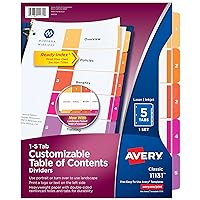 Avery 5 Tab Dividers for 3 Ring Binders, Customizable Table of Contents, Multicolor Tabs, 1 Set (11131)