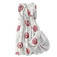 Linen Dresses for Women 2024 Elegant 3/4 Sleeve Floral Midi Dresses Lapel Collar Button Lace-Up Flowy A Line Dress