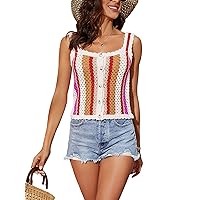Women's Striped Croppend Tank Tops Y2K Square Neck Button Down Vest Sleeveless Knitted Summer Tops