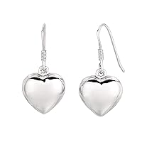 Silver with Rhodium Finish Shiny Puffed Heart Shape Dangle Earring