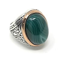 925K Stamped Sterling Silver Special Green Agate Men's Ring K52E