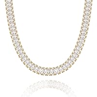 KissYan Diamond Tennis Necklace for Women, 14K/White Gold Plated Cubic Zirconia Baguette Tennis Chain Chunky Paperclip Link Cuban Choker Necklace Dainty Jewelry Gifts