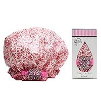 Designer Shower Cap For Women - Washable, Reusable - Large Bouffant Cap With Vintage Jeweled Brooch (Cheetah-licious)
