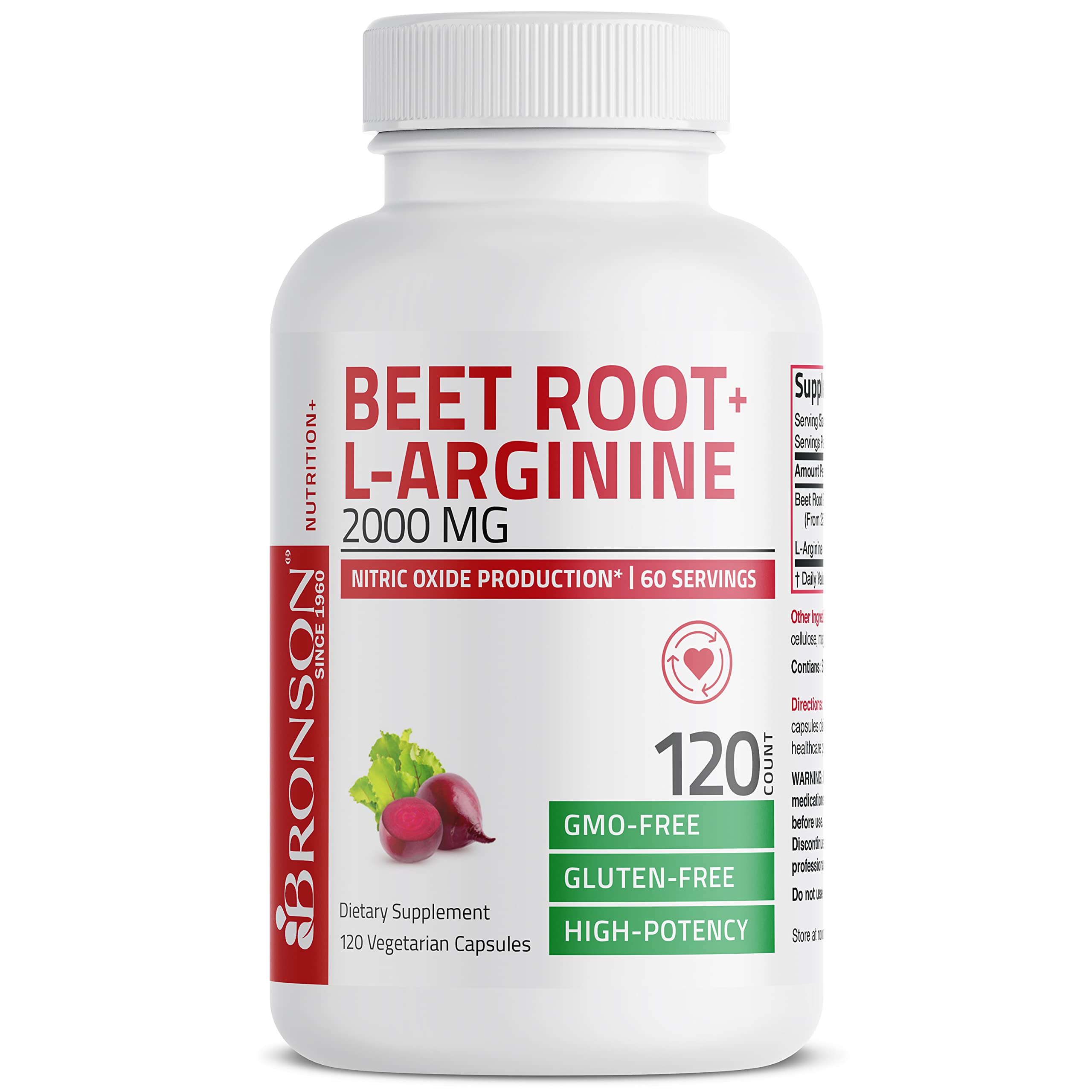 Bronson Beet Root + L-Arginine 2000 MG Nitric Oxide Production- Non-GMO, 120 Vegetarian Capsules