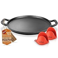 NutriChef 13-Inch Flat Cast Iron Pizza Pan - Versatile Pre-Seasoned Round Cooking Griddle w/ Built-In Handles for Oven, Grill, Stove, and Campfires - Includes 2 Heat Safe Silicone Grips