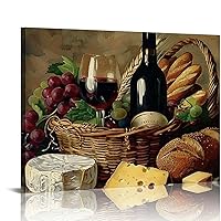 DPOTLI Canvas Wall Art Retro Red Wine & Grape Picture Dining Room Canvas Painting for Home Wall Decor, Red Wine & Wine Glass Framed Artwork for Kitchen Decoration Ready to Hang 20X16 Inch