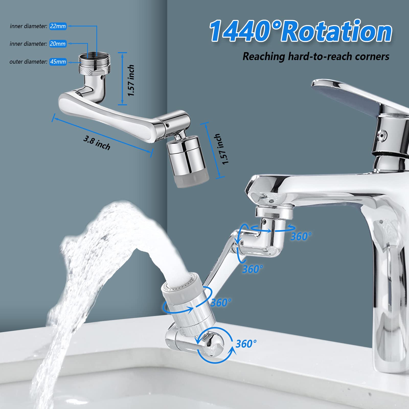 Faucet Extender, 1440° Swivel Faucet Aerator Multifunctional Extension Faucet Accessory, 4 Rotating Interface Robotic Arm Spout Faucet Adapter, Kitchen Faucet Extender with 2 Spout Patterns (Silver)