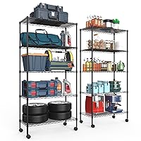 5 Tier NSF Wire Shelf Shelving Unit, 14 x 30 x 60 Inch 750lbs Capacity Adjustable Storage Metal Rack with Wheels/Leveling Feet & Shelf Liners, Ideal for Kitchen, Office Home and More - Black Set of 2