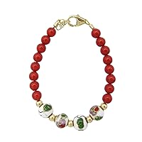 Spring Red Simulated Pearl with Green and Red Cloisonne Bead baby girl bracelet (B1707)