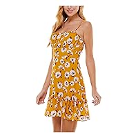 Womens Gold Pleated Zippered Ruffled Hem Floral Spaghetti Strap Scoop Neck Short Party Fit + Flare Dress Juniors 11