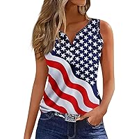 Womens Plus Size 4Th of July Tank Tops V Neck Button Down America Flag Shirt 2024 Henley Patriotic Sleeveless Blouse