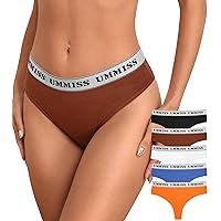 UMMISS High Waisted Cotton Thongs For Women Stretch Wide Belt Thong No Rolls Or Falls Off Lady Underwear 5 Pack