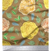 Soimoi Brown Cotton Voile Fabric Beech Leaves & Denmark Rose Floral Decor Fabric Printed Yard 42 Inch Wide