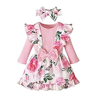 Flower Girl Clothes Kid Summer Ribbed Long Sleeve Tops and Suspender Skirt and Headband Baby 3PCS Set Princess Outfits (Pink, 3-6 Months)