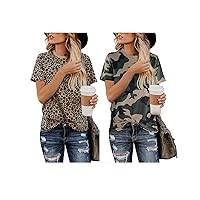 BMJL Women's Casual Cute Shirts Graphic Print Tops Basic Summer Short Sleeve Fashion Soft Blouse Loose Fit Tshirt（XL, Leopard&Camo）