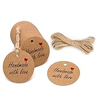 G2PLUS Handmade Gift Tags, 100PCS Handmade with Love Tags, 2'' Round Gift Tags, Kraft Paper Gift Tags with String for Gift Wrapping, Valentines, Wedding Party Favors, DIY&Craft Project