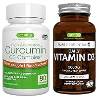 Daily Vitamin D3 + High Absorption Curcumin C3 Complex, Vegetarian Bundle, 365 2000iu Vitamin D3 Tablets + 300% Greater Absorption Curcuminoids with Rapid Uptake, by Igennus