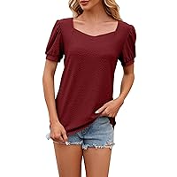Women's Blouses Fashion Solid Colour V-Neck Bubble Short Sleeve Loose T Shirt Casual Top Blouses for Casual, S-2XL