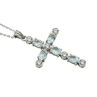 Natural 6X4 MM Oval Cut Aquamarine Gemstone Holy Cross Pendant Necklace 925 Sterling Silver March Birthstone Aquamarine Jewelry Love and Friendship Gift (PD-8310)