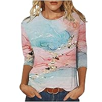 Summer Marbling Print Casual Shirts for Womens 3/4 Sleeves Round Neck Modern Art Tees Loose Fitted Fashion Tunic Tops