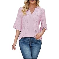 Elegant Casual Tops for Women 1/2 Flare Sleeve Dressy Shirts Solid Eyelet Cute Tunic Cozy Breathable Blouses Tee