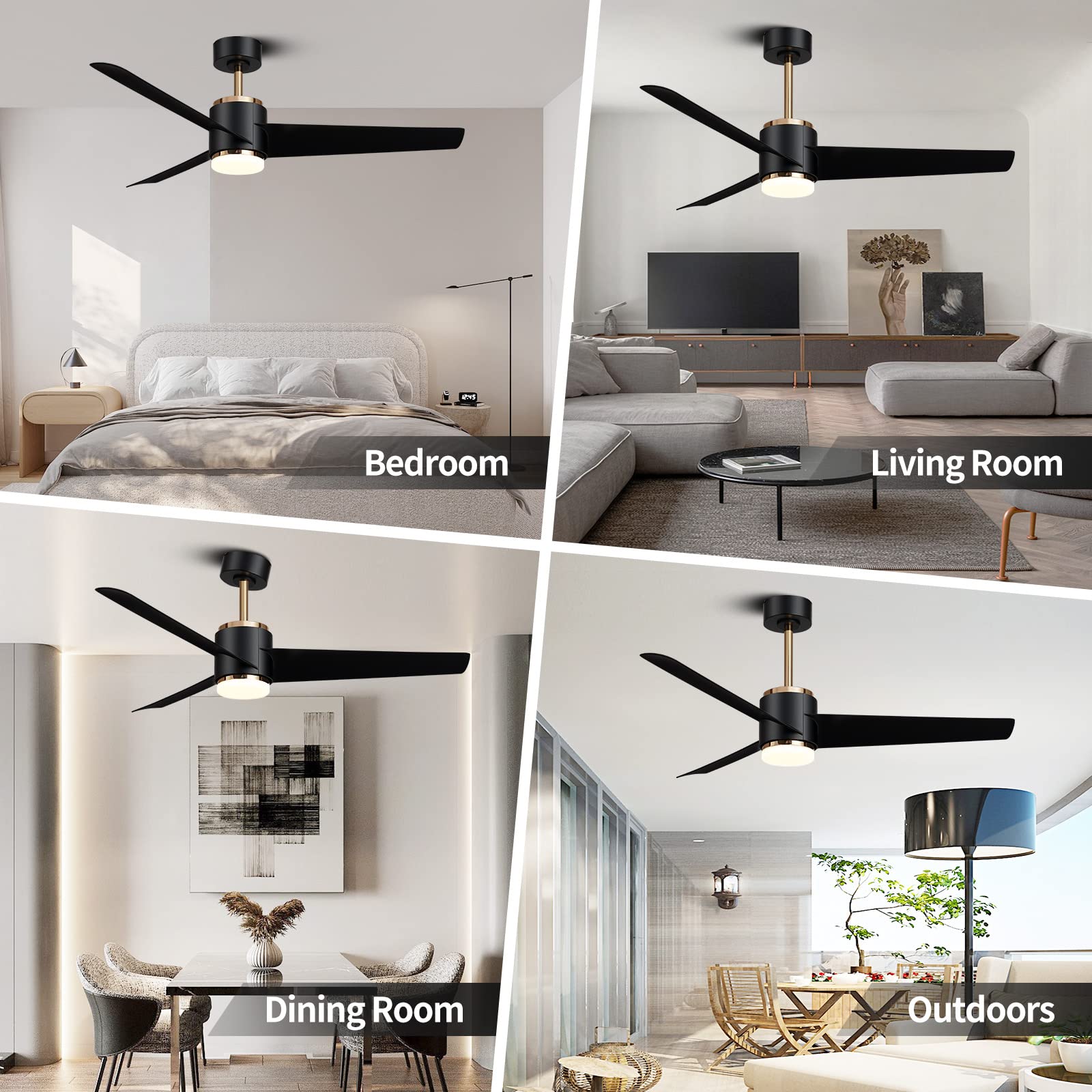 Wofifly 132 CM Moderne Deckenventilator mit LED-Licht und Fernbedienung, drei Flügeln, Geräuschloser DC-Motor, 3 Farbtemperaturen & 6 Windgeschwindigkeiten, Timer & Umkehrsfunktion, Schwarz und Gold