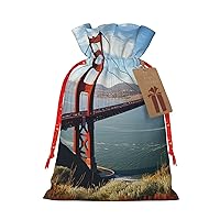 San Francisco Golden Gate Bridge Christmas Gift Bags Reusable Christmas Drawstring Bags with Kraft Tags Xmas Party Favor Bags for Holiday Wrapping Presents