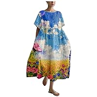 Women's Summer Dress Vintage Country Scenery Oil Painting High Waist Ruffle Hem Oversized Lounge Loose Sundress