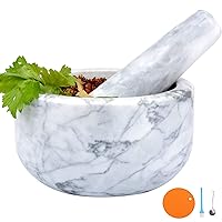 Mortar and Pestle Set Polished Natural Marble Stone Guacamole Molcajete Bowl with Base Silicone Pad,Matching Stainless Spoon and Matching Small Brush (Large, White Gray)