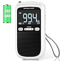 Greadio Portable AM FM Radio, Walkman Transistor Battery Radio with Rechargeable 900mAh Battery, Best Reception, Digtal LCD Screen, Time Seting Pocket Mini Radio for Home, Office, Kids (White)