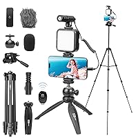 Vlogging Kit for iPhone Youtuber Kit Content Creator Kit for Smartphone with 59'' Extendable Fullsize Tripod,Tricolor LED Light,Shotgun Mic for iPhone 15/14/13 Mini/Pro/Max(Vlog K4)