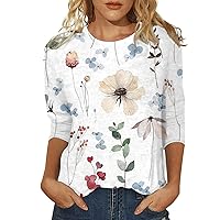 Womens Blouses and Tops Dressy, Womens Tops 3/4 Sleeve Summer Ethnic Floral Slim Crewneck Slim Fit Tshirts Spring Blouse