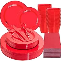 Gather 176 Pieces Red Plastic Plates- Red Heavy Duty Disposable Plates Dinnerware 50Plates, 75 Plastic Silverware, 25 Napkins, 25 Cups Bonus 1 Red Plastic Tablecloth for Party& Wedding &Mother's Day