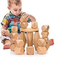 OATHX Montessori Toys Stacking Rocks Wooden Grimms Blocks Building Preschool Balancing Stones for Toddlers 1-3 Girls Boys Sensory Natural Wood 20pcs Large Size