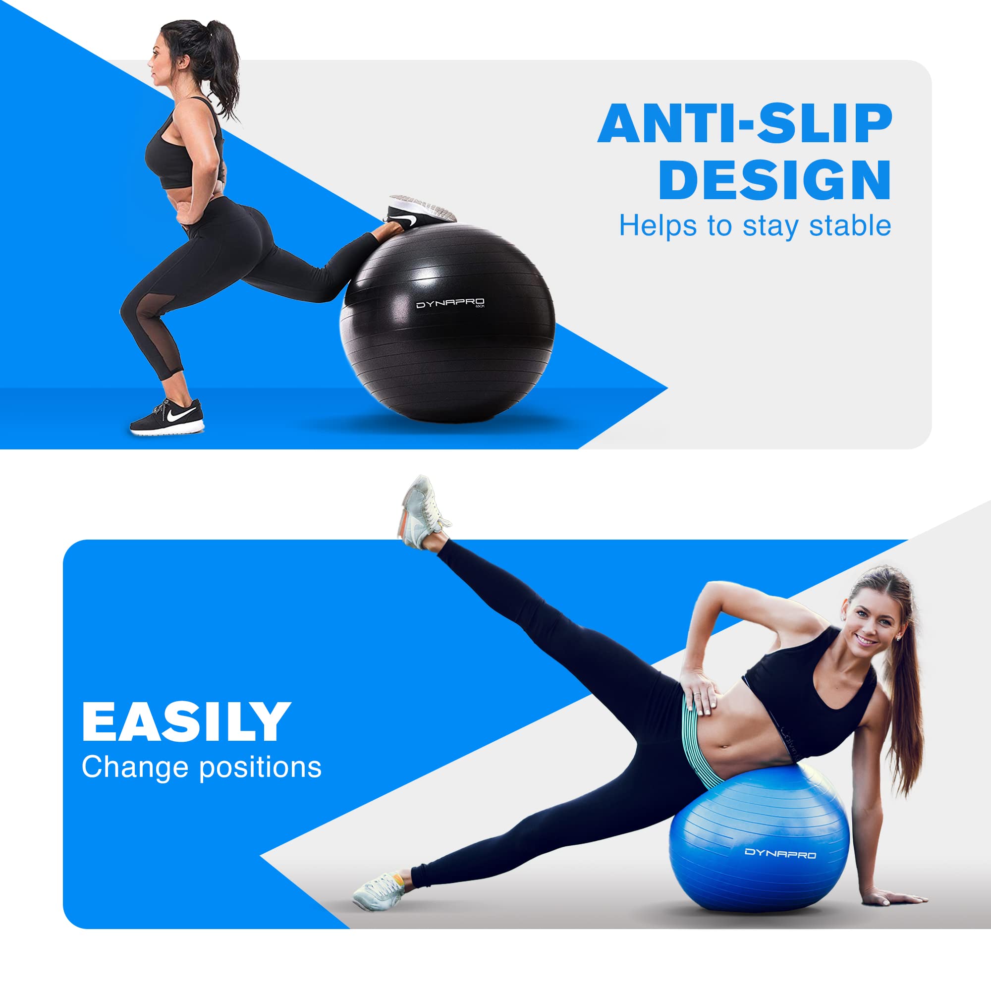 DYNAPRO Exercise Ball – Extra Thick Eco-Friendly & Anti-Burst Material Supports over 2200lbs, Stability Ball for Home, Yoga, Gym Ball, Birthing Ball, Physio Ball, Swiss Ball, Physical Therapy or Pregnancy