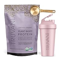 Truvani Vegan Unflavored Protein Powder with Pink Shaker Cup & Scoop Bundle - 20g of Organic Plant Based Protein Powder - Includes Stainless Steel Shaker Cup & Durable Protein Metal Scoop