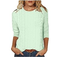 Trendy Fashion Tee Shirts Women 3/4 Length Sleeve Eyelet Embroidery Tops Dressy Casual Summer Loose Tunic Blouses Mint Green
