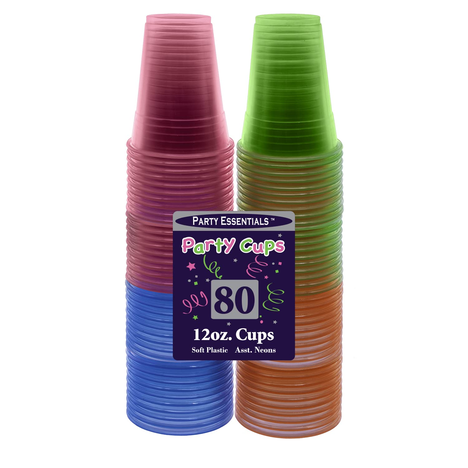 Party Essentials Soft Plastic 12-Ounce Party Cups/ Tumblers, Assorted Neon, 80-Count