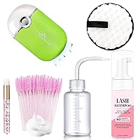 Lash Fan,50ml Eyelash Extension Cleanser, AREMOD Lash Shampoo for Lash Extensions 50pcs Eyelash Brush Cleaning Brush Makeup Remover Pad and Rinse Bottle for Lash Cleaning for Salon Home Use（green）