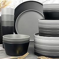 Teivio 32-Piece Kitchen Plastic Coupe Wheat Straw Dinnerware Set, Service for 8, Dinner Plates, Dessert Plate, Cereal Bowls, Cups, Unbreakable Unique Plastic Outdoor Camping Dishes, Gray Ombre