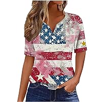 4th of July Tops Women Summer Dressy Button V Neck Patriotic T-Shirts Stars Stripe Casual Short Sleeve Henley Shirts