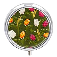 Round Pill Box Tulips Flowers Portable Pill Case Medicine Organizer Vitamin Holder Container with 3 Compartments