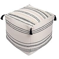 Unstuffed Ottoman Pouf, Square and Striped, Morocco Tufted Boho Foot Rest, Pouf Cover with Big Tassels, Decorative Stool for Bedroom and Living Room, (18x18x16 Inches, Black and Cream)