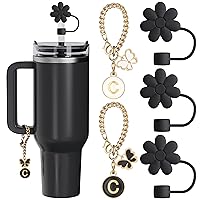 Compatible with Stanley Cup Accessories, 3PCS Black Straw Toppers for Stanley Cup Straw Cover Cap, 2PCS Cute Letter Charms for Stanley 30&40 Oz Tumbler with Handle(C)
