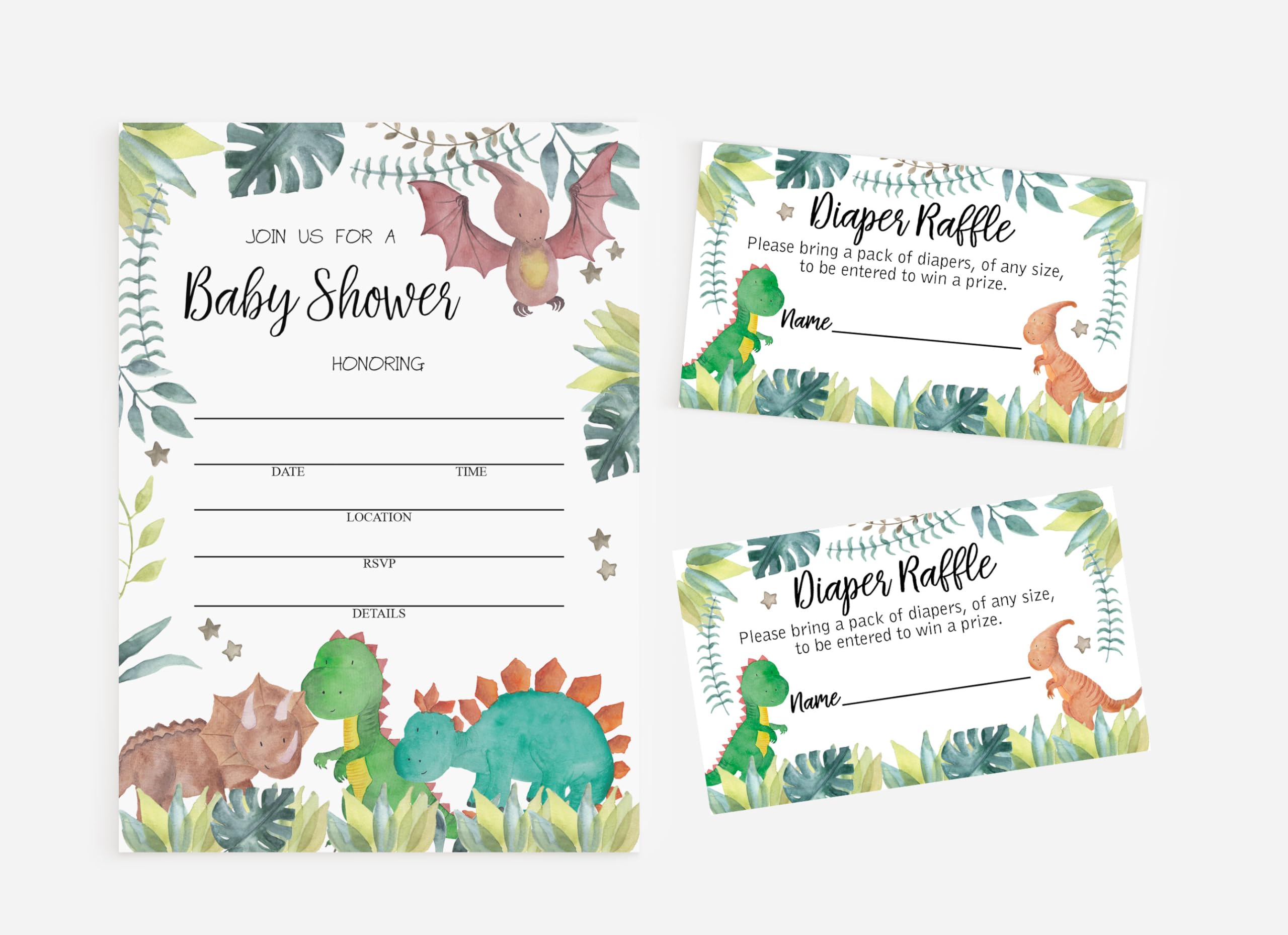 All Ewired Up 50 Baby Shower Invitations and 50 Envelopes and 50 Diaper Raffle Tickets, Dinosaur Theme