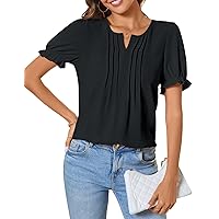 CATHY Women's V Neck Tops Puff Short Sleeve T-Shirts Fashion Summer Pleated Tunic Casual Work Blouse