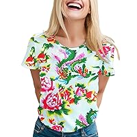 XJYIOEWT Button Down Shirts for Women Trendy Womens Casual Dongbei Big Flower Printed Short Sleeve O Neck T Shirt Top T