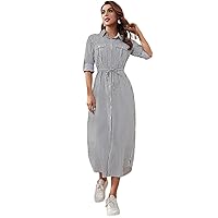 Fall Dresses for Women 2023 Striped Roll Tab Sleeve Belted Shirt Dress Dresses for Women (Color : Black and White, Size : X-Large)