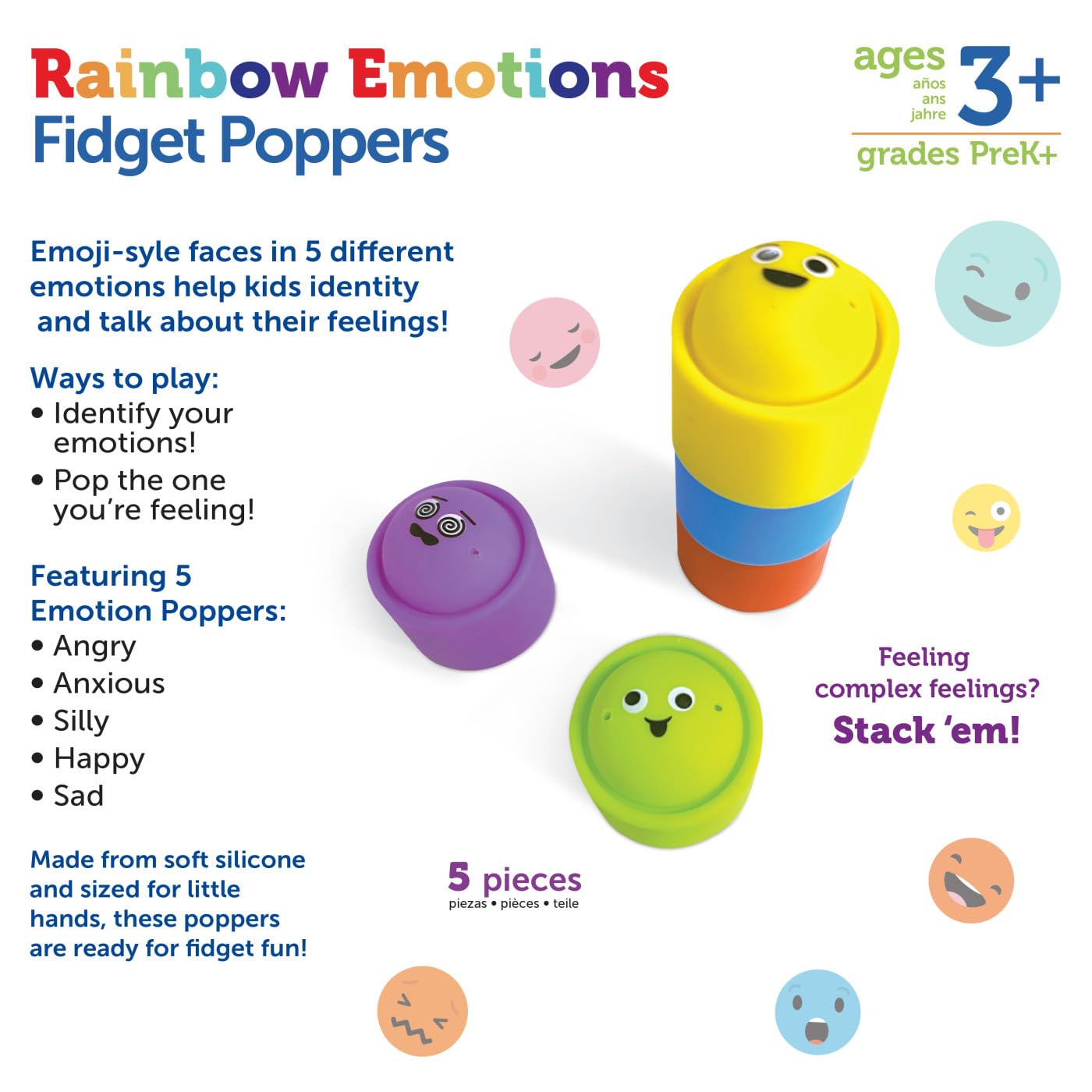 Learning Resources Rainbow Emotion Fidget Poppers, 5 Pieces, Ages 3+, Sensory Toys, Social-Emotional Learning,Sensory Toys for Toddlers,SEL Skills,fine Motor Skills