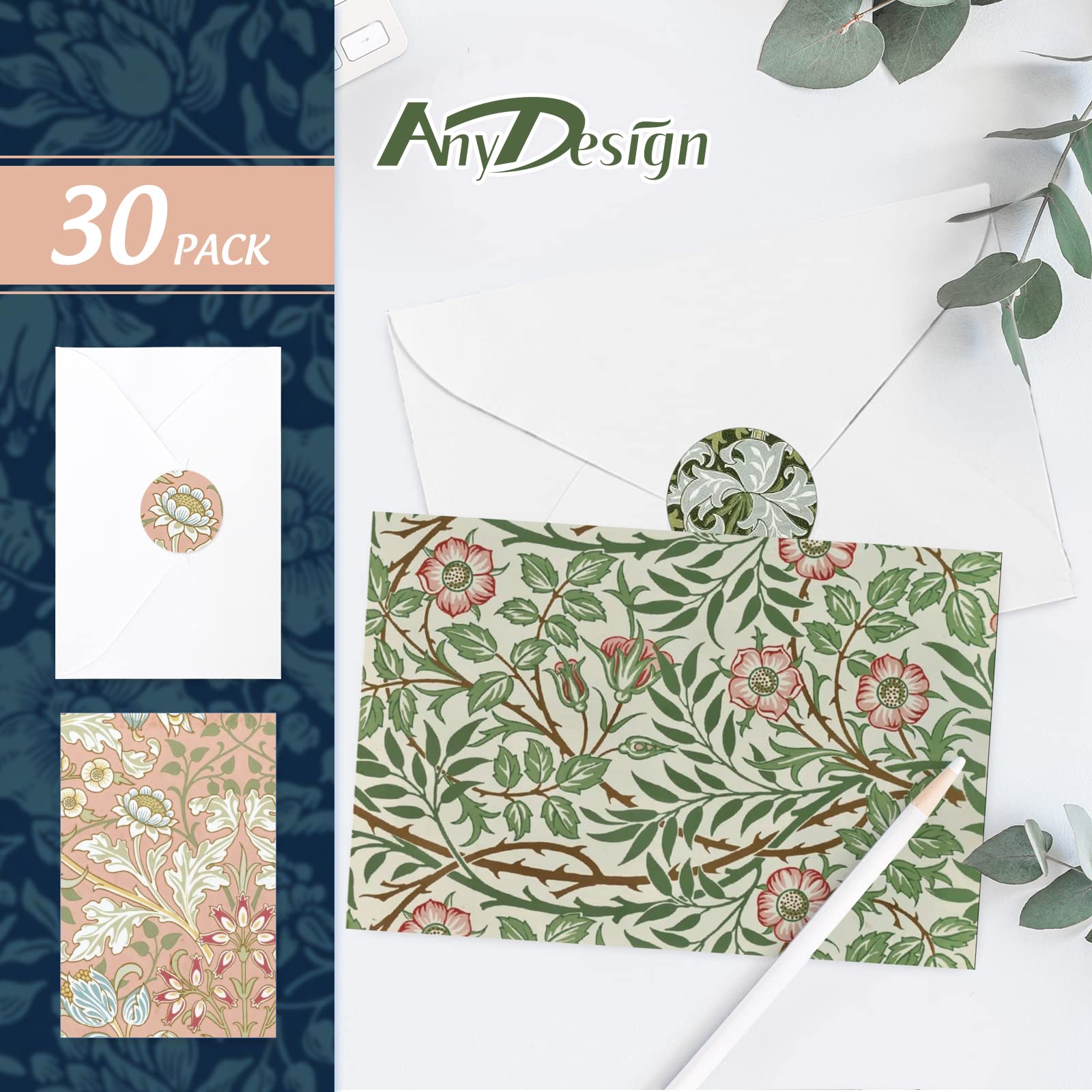 AnyDesign William Morris Greeting Cards with Envelopes Stickers Vintage Floral Stationery Cards Retro Flower Blank Note Cards for Wedding Birthday Baby Shower Thank You Supplies, 4 x 6 Inch
